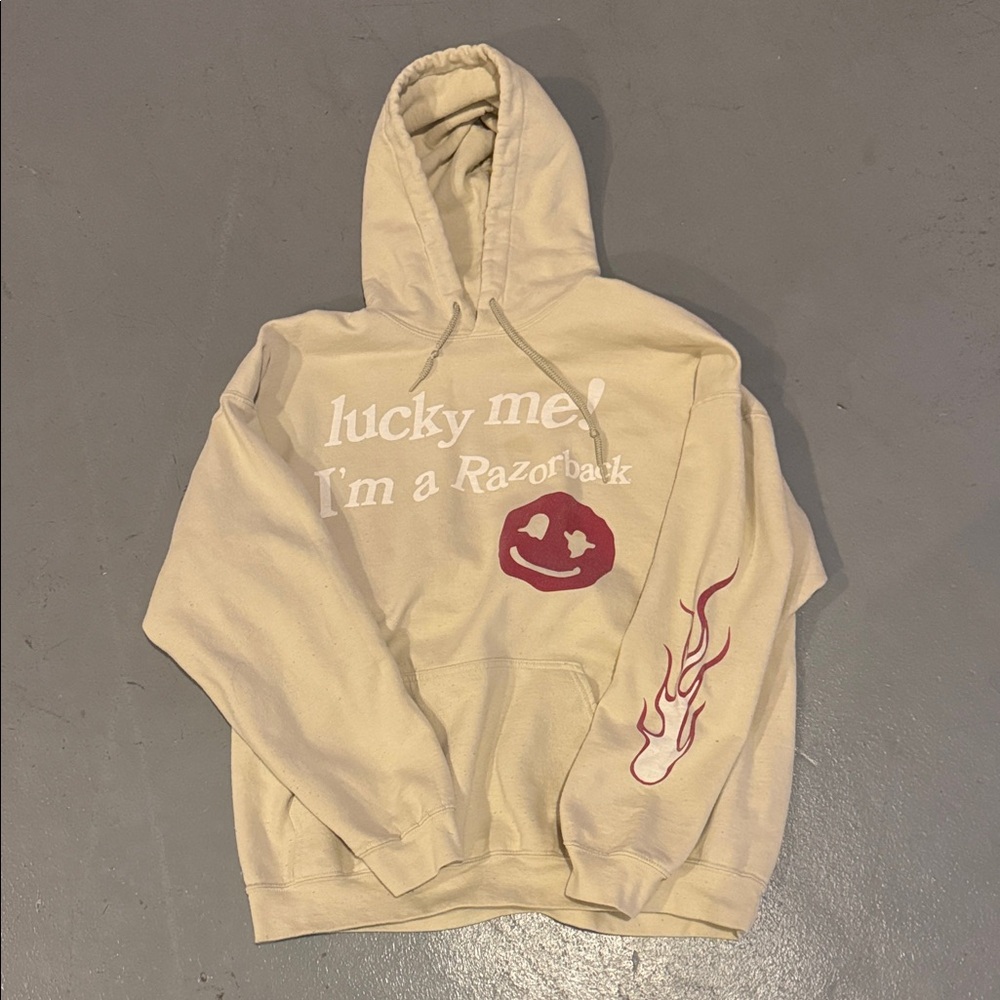 Indigo Cream Hoodie with Red Graphics